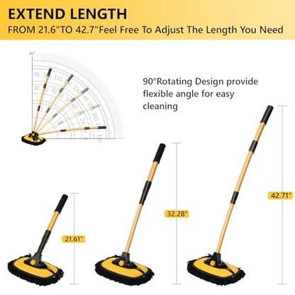Car Wash Brush with Long Handle, 15°Curved Car Cleaning Brush with Replaceable Head Cover, Truck Washing Brushwith Telescopic Handle Wash Mop Kit 5PCS - color: Yellow