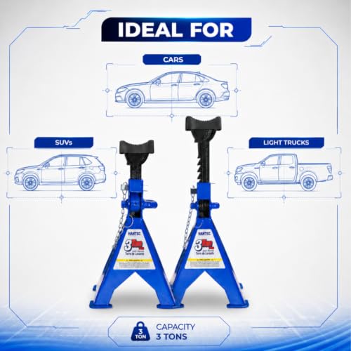 Hantec Jack Stands 3 Ton (6,600 lbs) Pro – Double Safety System, Non-Slip Rubber Pad, Heavy-Duty Steel, 1 Pair for Cars, SUVs and Trucks - Blue