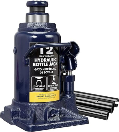 12 Ton Hydraulic Bottle Jack, 24,000 LBS Heavy Duty Steel Auto Lift with Long Handle, Leak-Free Hydraulic Pump, Portable Car Jack for Truck, SUV, RV, and Garage Repair, Blue