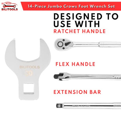 BILITOOLS 14-Piece Jumbo Crows Foot Wrench Set and Long Flex Head Crows Foot Line Wrench Set