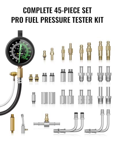 AUTOWN 45-Piece Pro Fuel Pressure Tester Kit, 0-140 PSI Fluorescent Glow Gauge, Complete Adapters for Gasoline Cars, Trucks & SUVs - size: 45PCS
