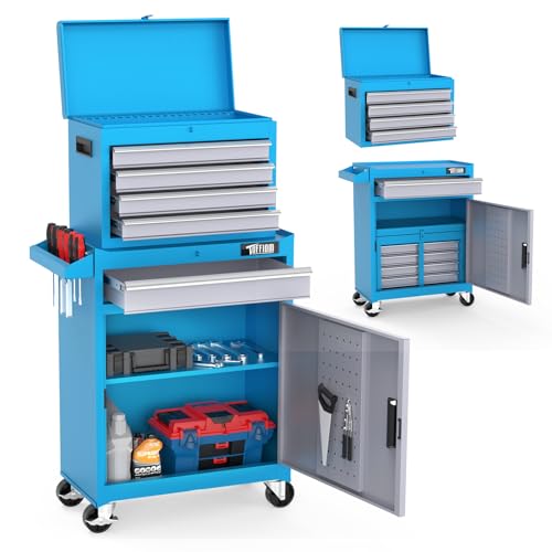 TUFFIOM 5-Drawer Rolling Tool Chest, Tool Storage Cabinet w/Drawers, Lockable Wheels, Detachable Top & Adjustable Shelf, Mechanic Tool Organizer Box for Garage, Workshop, Warehouse & Repair Shop - color: Blue, size: 5-Drawer