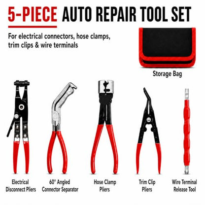 5-Piece Automotive Electrical Disconnect Pliers Kit, Electrical Connector & Terminal Removal Tool Set with Hose Clamp Pliers for Wire Harness, Sensor Plugs & Trim Clips with Storage Bag
