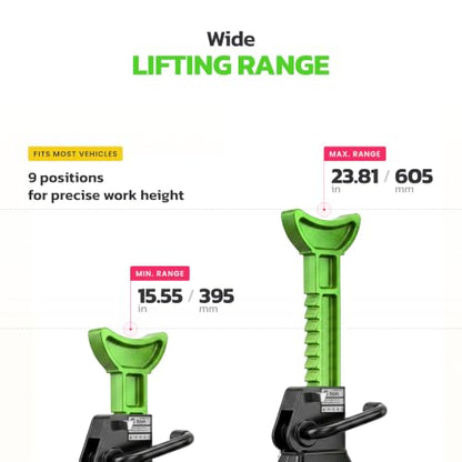 Jack Stands, 6 Ton (13,000 lbs) Capacity Heavy Duty, Double Locking Pin Safety, 14.2-23 Inch Adjustable Height Car Jack Stands for SUV, Truck, Van, Jeep, UTV/ATV - Pair (Green-Black) - size: 6 Ton
