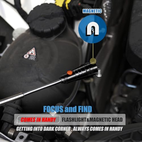 Extendable Magnetic Flashlight with Telescoping Magnet Pickup Tool, 2 Pack | Cool Gadget, Dad Gifts, Birthday Gifts for Men, Dad, Husband, Him, Father, Mechanic, Boyfriend, Women, Black