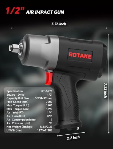 ROTAKE 1/2" Air Impact Wrench, 1400 ft-lbs, Twin Hammer, RT-5276 | 7200 RPM Speed, Heavy-Duty Aluminum Hammer Case, 5.14-lb Composite Body, 3-Speed Control, Tire Shops & Auto Repair - size: 1/2" (1400 ft-lbs)RT-5276