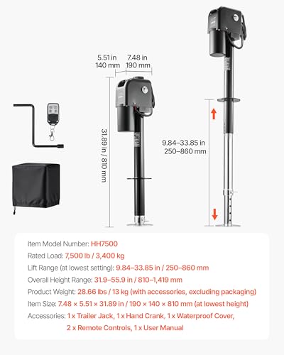 VEVOR Electric Trailer Jack, 7500 lbs Capacity, Electric Power Tongue Jack with Waterproof Protective Cover & LED Light for Travel Trailer, Camper, RV, 9.84-33.85 in Lift, 12V DC with Wiring, Black - size: 7500 lbs