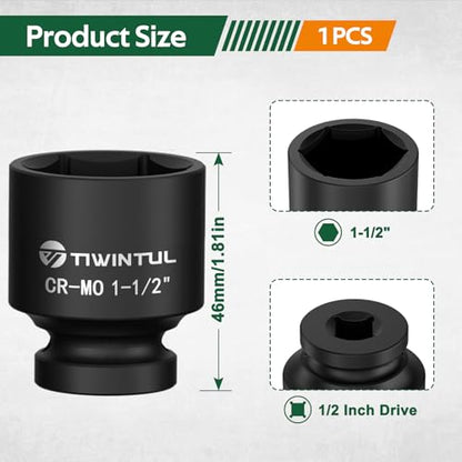 1-1/2” Shallow Impact Socket 1/2 Inch Drive, CR-MO Steel Impact Socket, 1.81" Length, 6 Point Design, SAE Size, Axle Nut Socket for Easy Removal of Axle Shaft Nuts - size: 1-1/2" (Standard)