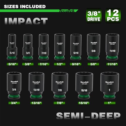 TecoTek 3/8-Inch Drive 12-Point SAE Semi-Deep Impact Socket Set, Mid-Length Socket Set, 5/16-Inch to 1-Inch, CR-MO, Stamped and Ink Filled Size Marking, 12-Piece - size: 5/16-Inch to 1-Inch