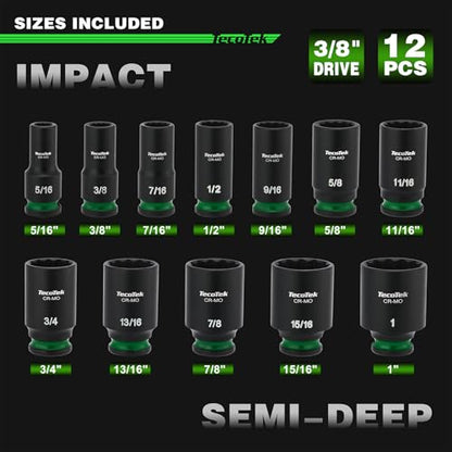 TecoTek 3/8-Inch Drive 12-Point SAE Semi-Deep Impact Socket Set, Mid-Length Socket Set, 5/16-Inch to 1-Inch, CR-MO, Stamped and Ink Filled Size Marking, 12-Piece - size: 5/16-Inch to 1-Inch