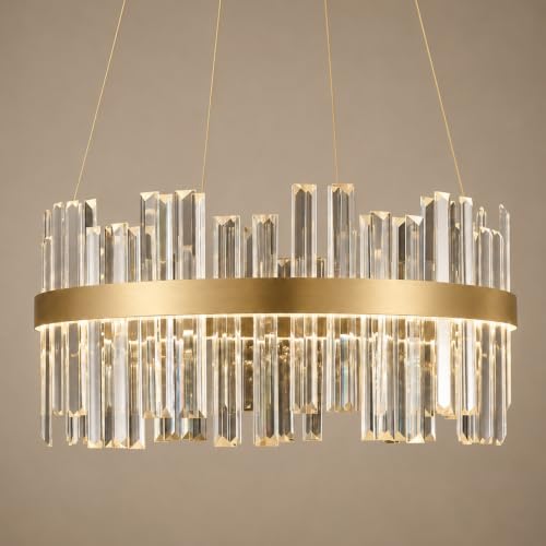 20'' Modern Gold Crystal Chandelier - K9 Crystal LED Dimmable Chandeliers With Remote Control for Dining Room - Luxury Brass Adjustable Pendant Ceiling Light Fixture For Living Room Bedroom Entryway - color: Gold, size: 20 Inch