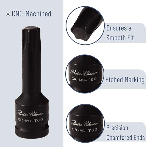 Bates Choice Torx Bit Socket Set, 8 pcs, 1/2 Inch Drive, 3 Inch Long, Cr-Mo Steel, T30-T70, Star Bit Socket Set