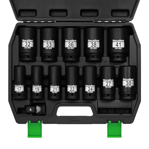 TecoTek 3/4" Drive Deep 6-Point Impact Socket Set, 13-Piece Jumbo Assortment, Cr-Mo, Metric (17mm to 41mm), 1/2" F to 3/4" M Impact Socket Adapter, for Large Vehicle and Apparatus Maintenance - size: 13-Piece (11/16" to 1-5/8")