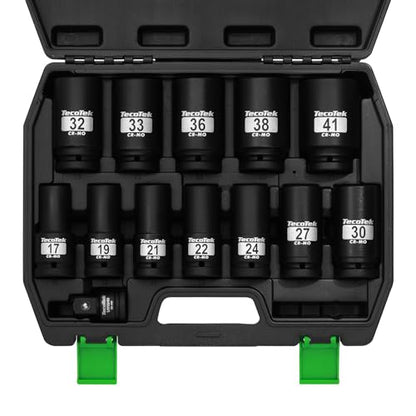 TecoTek 3/4" Drive Deep 6-Point Impact Socket Set, 13-Piece Jumbo Assortment, Cr-Mo, Metric (17mm to 41mm), 1/2" F to 3/4" M Impact Socket Adapter, for Large Vehicle and Apparatus Maintenance - size: 13-Piece (11/16" to 1-5/8")