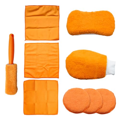 Craedli 9PCS Car Wash Cleaning Kit, Microfiber Auto Detailing Set with Wheel Brush, Wash Mitt, Sponge, Drying Towels & Applicator Pads, Vehicle Interior Exterior Wash Tools Supplies (Orange) - color: Orange
