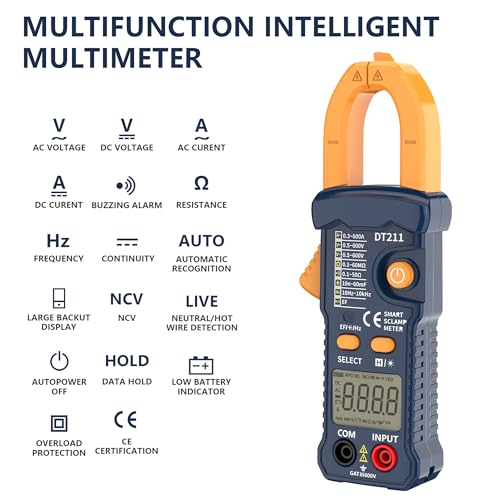DT211 Mini Smart Clamp Meter | Digital Multimeter AC/DC Voltage & Current Tester | True RMS | NCV Non-Contact Voltage | Resistance, Capacitance, Frequency | Portable for Home/Automotive/Electricians