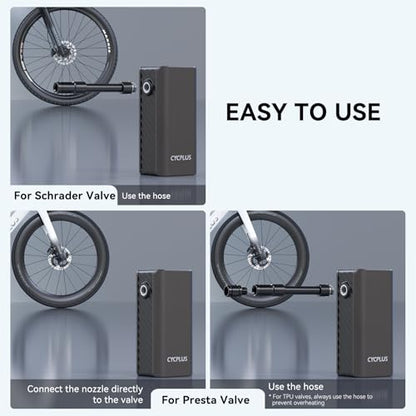 CYCPLUS Electric Bike Pump, A3Mini, 120 PSI, Brushless Motor, with Display | Pocket-size, 212g, 2000mAh, Fast Inflation. Presta and Schrader Valve，Auto Off, for Road Bikes, MTB, E-Bikes and Motorcycles