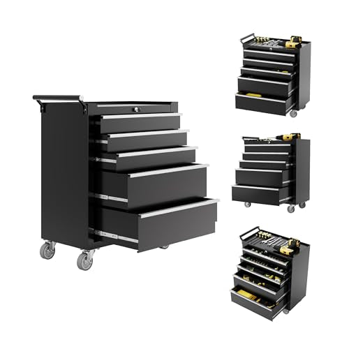 Rolling Tool Chest, 5-Drawer Tool Storage Cabinet, Tool Box with Wheels, Lock System and Drawer Liners, Tool Cart for Warehouse, Workshop and Repair Shop, Black - color: Black, style: 5 Drawers