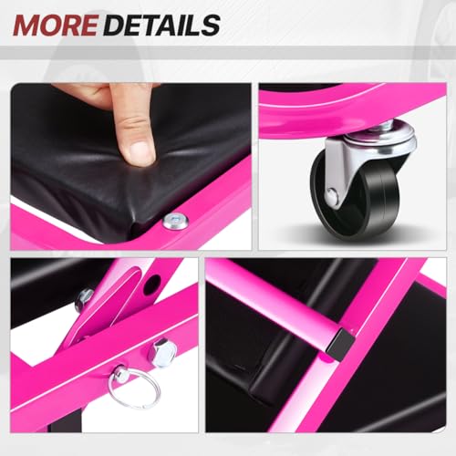 Foldable Creeper, 2-in-1 Rolling Garage Z Creeper Car & Seat, 36" Roller Mechanics Under Car Chair, 330 LBS Weight Capacity Heavy Duty, Rose Pink - color: Pink, size: 36 Inch Length