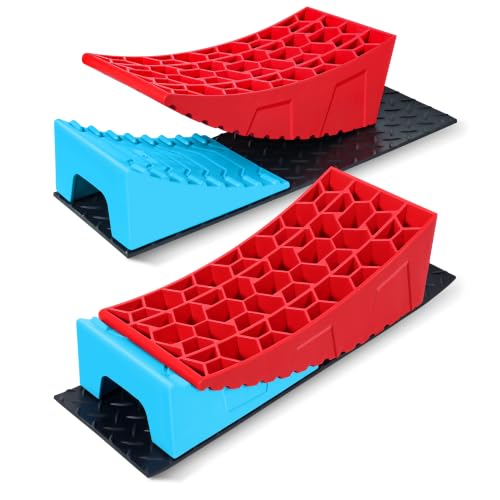 RV Leveling Blocks Kit, Heavy Duty Anti-Slip Mats & Carrying Bag, 2 Pack | Blue & Red. For travel trailer, motorhome, dual axle. HDPE, support 45000 lbs. Levels ½" - 4" in 5 min. - color: Blue & Red