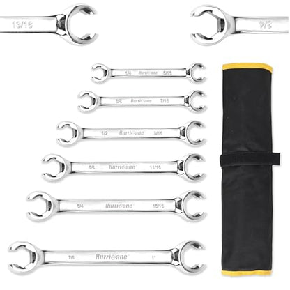 HURRICANE Flare Nut Wrench Set, SAE 6 Piece Brake Line Wrench Set | 1/4 to 1 Inch, 15 Degree Offset Double Open End, Organizer Pouch, Fuel Tube Repair