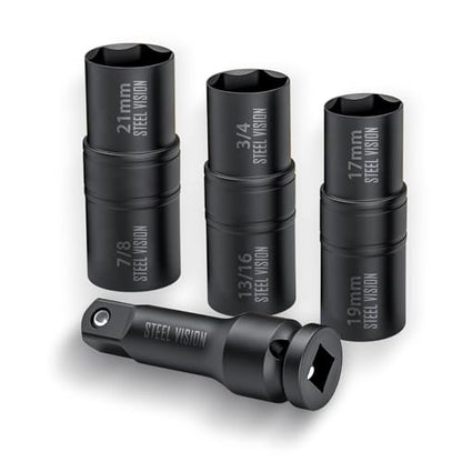 Steel Vision 4 pc 1/2″ Drive Flip Impact Socket Set with Extension – Cr-Mo Steel, Double Side Half Size Lug Nut Extractor Set, Metric & SAE Combo (17 & 19 mm, 3/4 & 13/16 in, 21 mm & 7/8 in), 6-Point - color: 4pc Metric+sae(black)