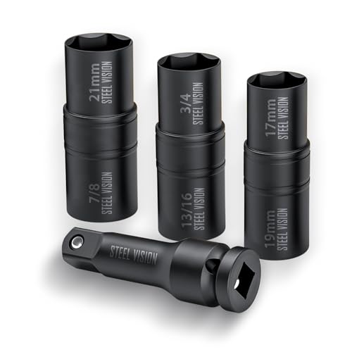 Steel Vision 4 pc 1/2″ Drive Flip Impact Socket Set with Extension – Cr-Mo Steel, Double Side Half Size Lug Nut Extractor Set, Metric & SAE Combo (17 & 19 mm, 3/4 & 13/16 in, 21 mm & 7/8 in), 6-Point - color: 4pc Metric+sae(black)