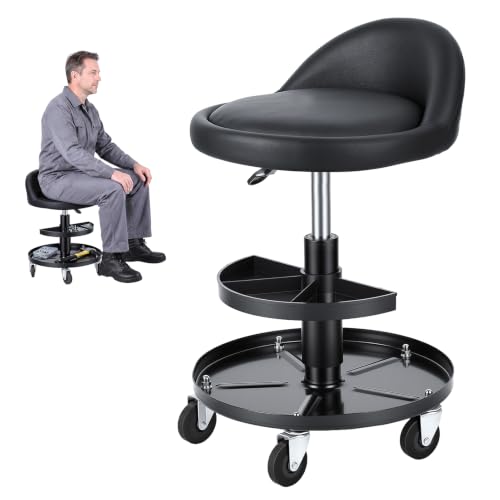 300lbs Mechanic Stool, Adjustable with Dual Tool Tray & Backrest, 5 Casters with Brakes Ensure Stability, Rolling Stools with Wheels Swivel Seat, Garage Stool for Auto Repair, Workshop Black