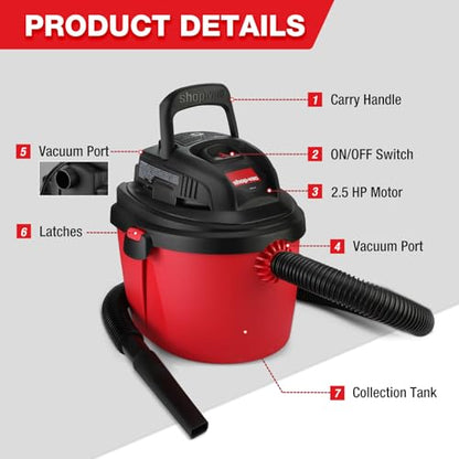 Shop-Vac 2.5 Gallon 2.5 Peak HP Wet/Dry Vacuum, Portable & Compact 2036000 | Small Shop Vac with Collapsible Handle, Wall Bracket & Multifunctional Attachments for Home, Jobsite