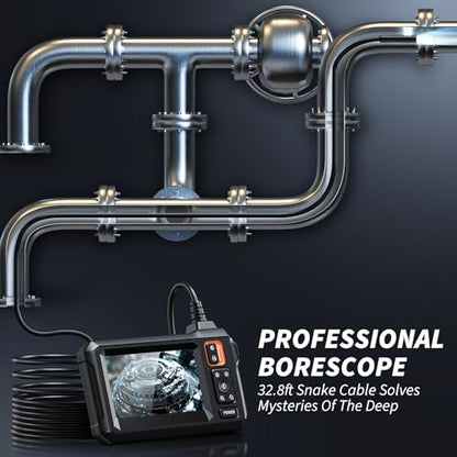 Endoscope Camera with Light, Inspection Borescope Camera with 4.3" IPS Screen, 1920P HD with 8 LED Lights, 32.8FT Semi-Rigid Cord Bore Scope, IP67 Waterproof Endoscope for Sewer, Dual Lens(Orange) - style: 32.8FT Dual Lens