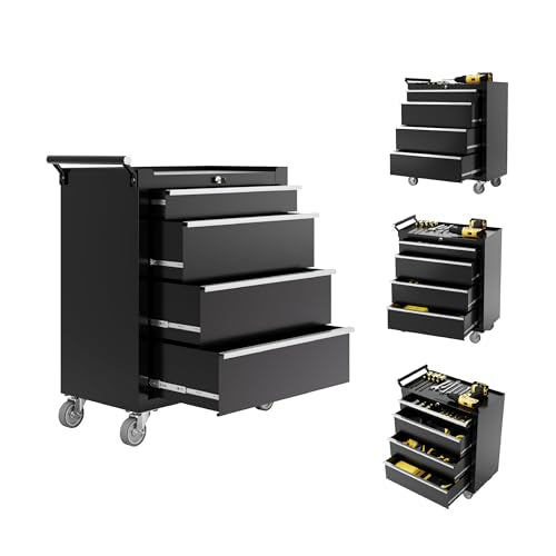 Rolling Tool Chest, 4-Drawer Tool Storage Cabinet, Tool Box with Wheels, Lock System and Drawer Liners, Tool Cart for Warehouse, Workshop and Repair Shop, Black - color: Black, style: 4 Drawers