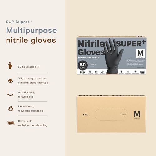 SUPER+ Black Nitrile Gloves HEAVY DUTY 6 Mil Disposable Chemical Resistant Powder & Latex Free Medical Food Safe, 60/600 Ct - color: Medium (Black)