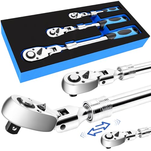3-Piece Extendable Ratchet Set with 180-Degree Flex Head, 1/4" 3/8" 1/2" Drive, 72-Tooth Quick-Release Reversible Socket Wrench Set, Chrome Vanadium Steel with Storage Tray - size: Extendable&Flex-Head Ratchet