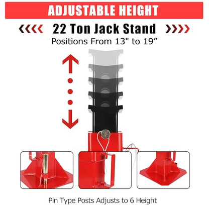 22 Ton A Pairs Heavy Duty Jack Stand Set, Pin Style Professional Jack Stands with Safety Lock, Adjustable Height 13"–19", High Capacity Support Stands for Cars, Trucks, Trailers & Automotive Repair - size: 22T