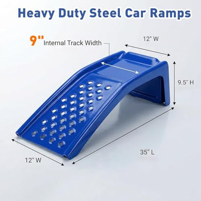 Heavy Duty Car Ramps for Oil Changes, 2 Pack Solid Steel Vehicle Ramps, 8,000 LBS Capacity Per Pair, 35" x 12" x 9.5", Auto Service Ramps, 9" Tire Track Width, Traction Hole Surface, Blue - color: Blue