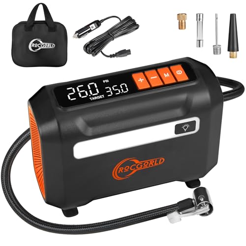ROCGORLD R8 Tire Inflator Portable Air Compressor, DC 12V Air Compressor for Car with Large Dual Digital Screen, 3X Faster Inflation Air Pump for Car Tires, Bike, Ball, Motor - Car Accessories - color: Orange