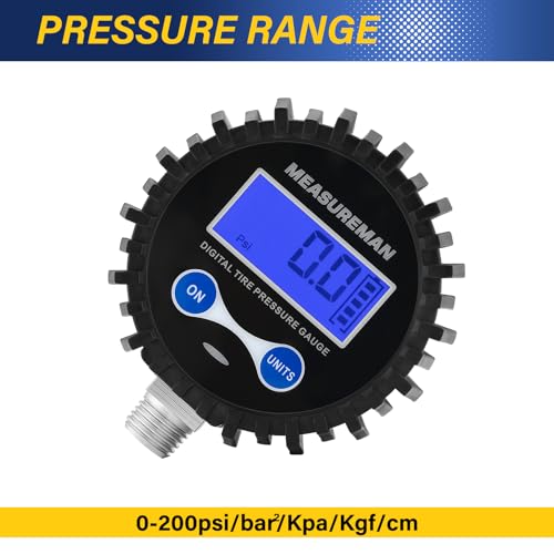 MEASUREMAN 2-1/2" Dial Size Digital Air Pressure Gauge with 1/4'' NPT Bottom Connector and Protective Boot, 0-250psi, Accuracy 1%, Battery Powered with LED Light Short Thread - size: Short thread, style: 0-250psi