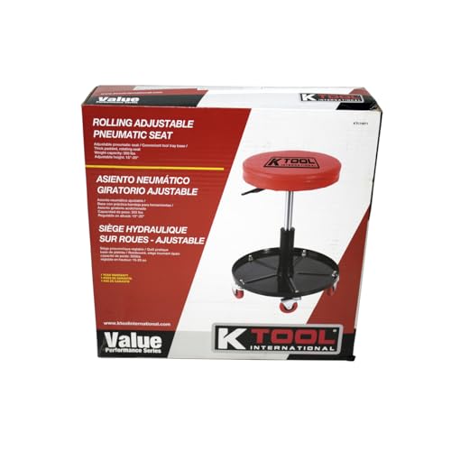 K Tool International 74971 Adjustable Rolling Mechanic Seat for Garages, Repair Shops, and DIY, Pneumatic Lift, (5) 2.5" Swivel Casters, Height Range 14" to 19", 12" Padded Seat, Tool Tray, Black/Red