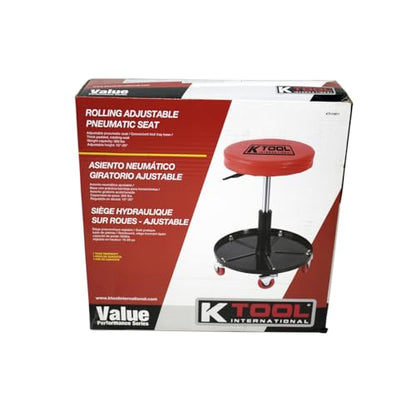 K Tool International 74971 Adjustable Rolling Mechanic Seat for Garages, Repair Shops, and DIY, Pneumatic Lift, (5) 2.5" Swivel Casters, Height Range 14" to 19", 12" Padded Seat, Tool Tray, Black/Red