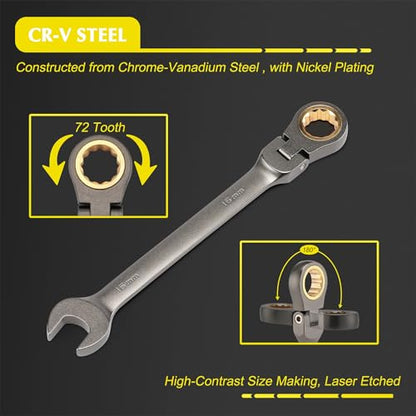EMENTOL 12 Pieces Flex-Head Ratcheting Wrench Set with Organizer Rack, CR-V, 72-Teeth, Metric Ratchet Combination Wrenches Set, 8mm - 19mm - size: Metric 8-19mm