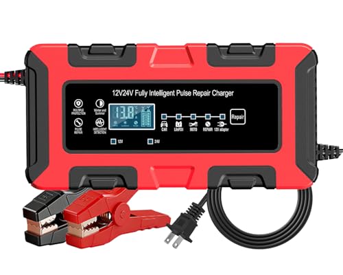 12V/24V 10Amp Smart Car Battery Charger, Automatic Maintainer & Trickle Charger, Desulfator, Temp Compensation, Overcharge Protection for Automobile Truck Motorcycle Boat LiFePO4 AGM Gel STD Batteries