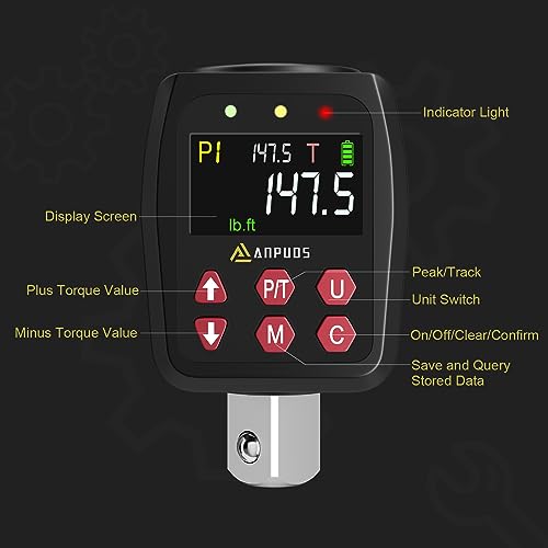 ANPUDS 1/2" Digital Torque Adapter, 7.4-147.5 Ft-lb/10-200 Nm, ±1% Accuracy | Digital Torque Gauge, 10 Presets & 500 Data Memory, Buzzer & LED Indicator, 3/8" & 1/4" Adapters, for Car, Auto Tire - size: 7.4-147.5 Ft-lb/10-200 Nm