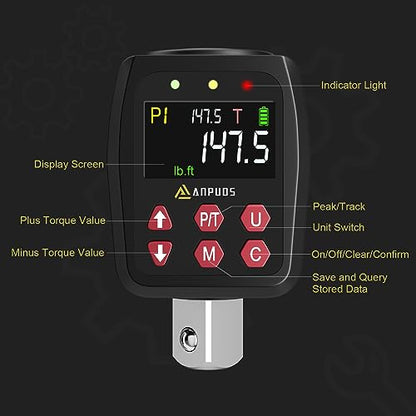 ANPUDS 1/2" Digital Torque Adapter, 7.4-147.5 Ft-lb/10-200 Nm, ±1% Accuracy | Digital Torque Gauge, 10 Presets & 500 Data Memory, Buzzer & LED Indicator, 3/8" & 1/4" Adapters, for Car, Auto Tire - size: 7.4-147.5 Ft-lb/10-200 Nm
