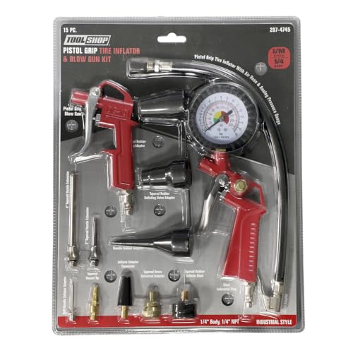 15-Piece Air Compressor Accessory Kit – Pistol Grip Tire Inflator & Blow Gun Set with Quick Connect – Tool Shop Pneumatic Air Tool Kit for Garage, Shop, Auto & Home Use