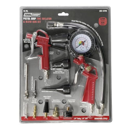 15-Piece Air Compressor Accessory Kit – Pistol Grip Tire Inflator & Blow Gun Set with Quick Connect – Tool Shop Pneumatic Air Tool Kit for Garage, Shop, Auto & Home Use