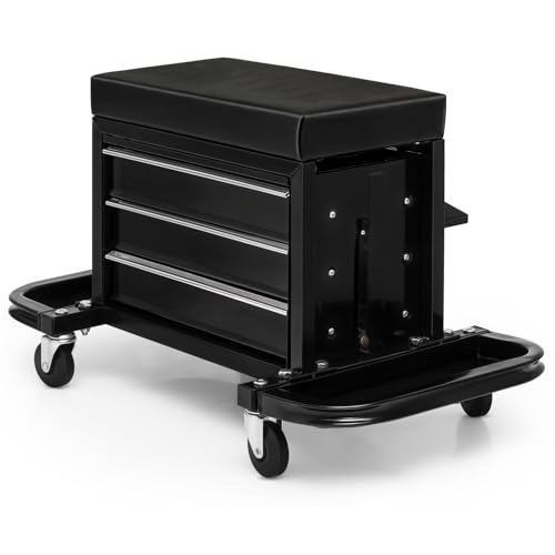 Magshion Garage Creeper Seat with 3-Drawer Storage, 350 lbs Capacity Rolling Mechanic Stool, Padded Shop Seat with Tool Tray, Adjustable Workshop Creeper Stool on Wheels for Auto Repair & Detailing - color: Black