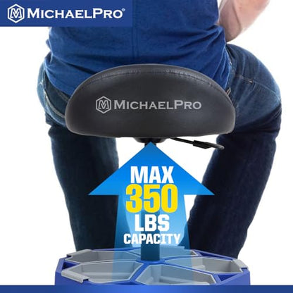 MichaelPro Rolling Mechanic Stool with 5 Removable Tool Trays for Storage, Pneumatic Garage Shop Chair with 350 lb Capacity, Adjustable Height, Padded Swivel Shop Stool with Wheels, Brakes, Backrest