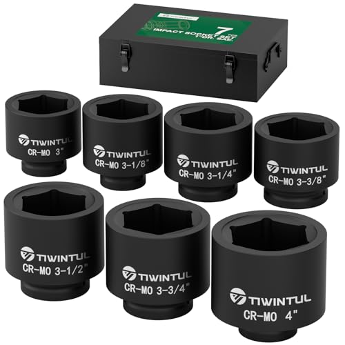 1-Inch Drive Socket Set, 7-Piece, Jumbo Impact Socket for Trailer | SAE, 3", 3-1/8", 3-1/4'', 3-3/8", 3-1/2",3-3/4", 4" Shallow Spindle Axle Nut Socket Set with Metal Case for Heavy Equipment - size: 3"-4"