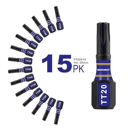 Geinxurn 15 Pieces Security T20 Impact Magnetic Screwdriver Bit Set, 1 In. #20 Torx Head Insert Bit Set, S2 Alloy Steel Hollow Star Bit Set - size: 1"-15PCS, style: TT20