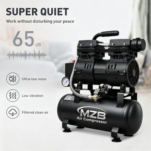 MZB 2.4 Gallon 1.0HP Ultra Quiet Air Compressor 110V/60Hz 5.65CFM, MAX 115PSI Steel Tanks Oil-Free 65 dB Noise Level Air Compressor for Spray Painting, Auto Repair, Carpentry Decoration - size: MZB-750H-9